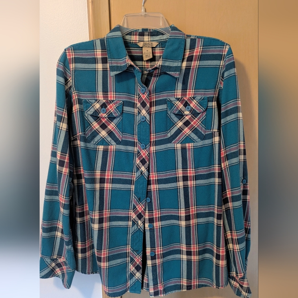 Duluth Trading Co Blue and White Plaid Shirt
